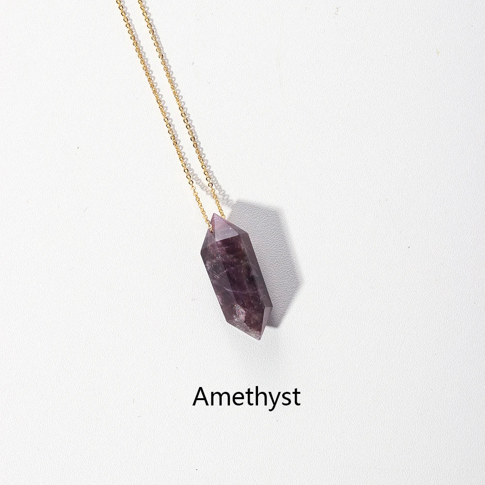 1pc Natural Gemstone Double Pointed Crystal Column Pendant Amethyst Quartz Reiki Necklace For Women Men Jewelry Gift