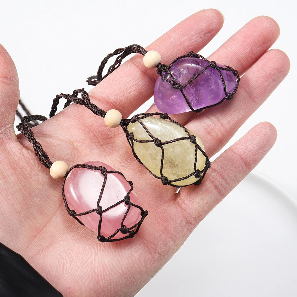 1pc Natural Healing Gemstones Polished Irregular Crystal Net Bag Pendant Rose Quartz Adjustable Necklace DIYJewerly Party Gift