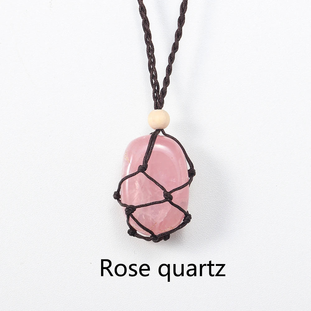 1pc Natural Healing Gemstones Polished Irregular Crystal Net Bag Pendant Rose Quartz Adjustable Necklace DIYJewerly Party Gift