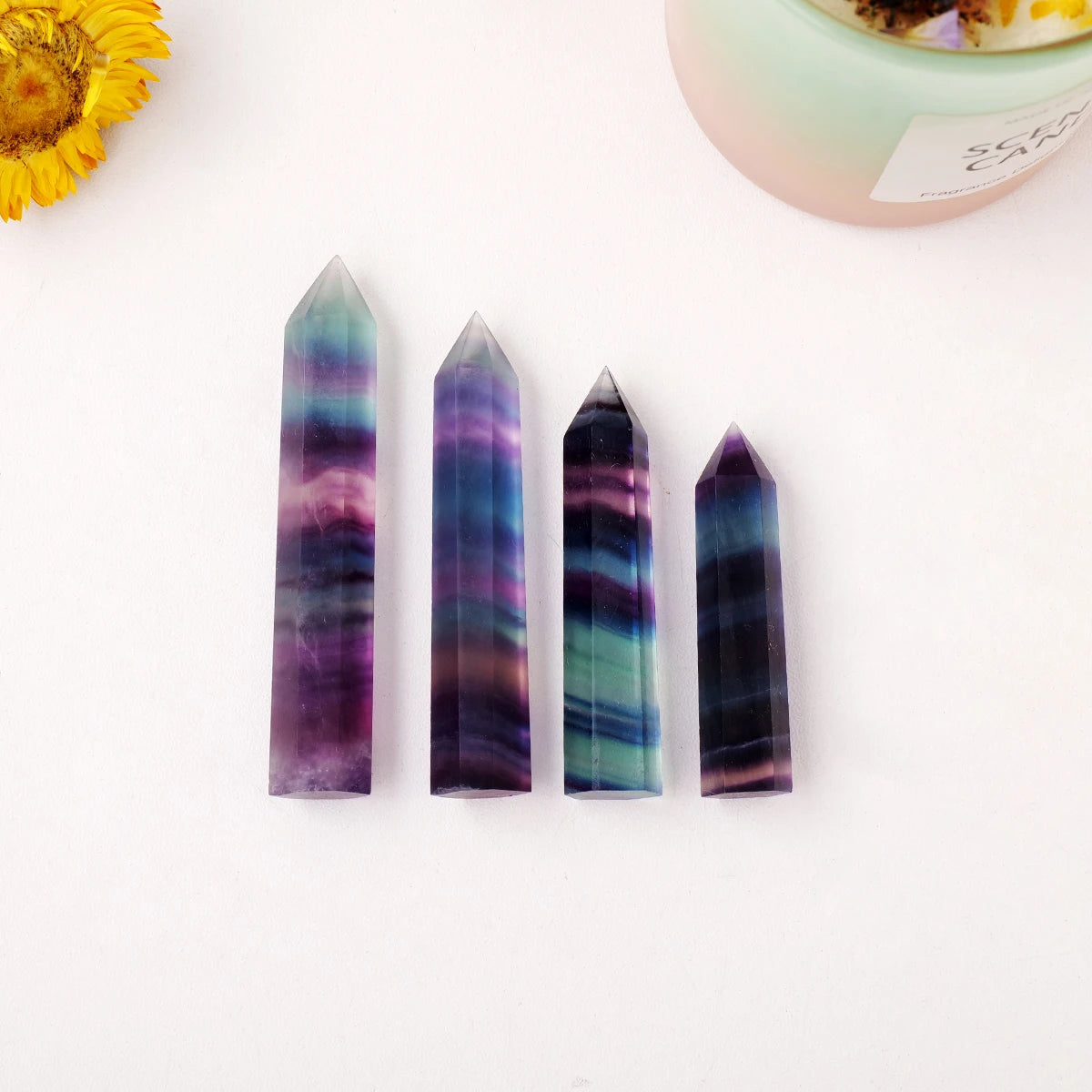 1pc Natural Healing Rainbow Fluorite Crystal Wand Divination Faceted Single Point Crystal Prism Stones for Meditation Reiki