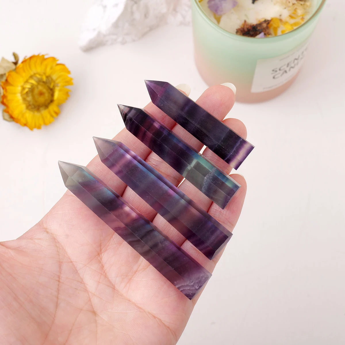 1pc Natural Healing Rainbow Fluorite Crystal Wand Divination Faceted Single Point Crystal Prism Stones for Meditation Reiki