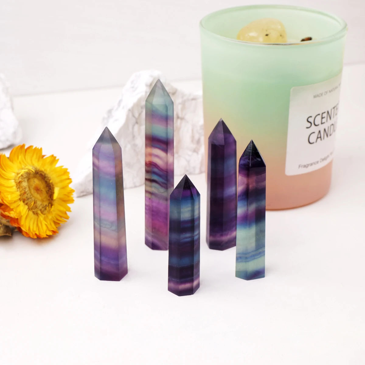 1pc Natural Healing Rainbow Fluorite Crystal Wand Divination Faceted Single Point Crystal Prism Stones for Meditation Reiki