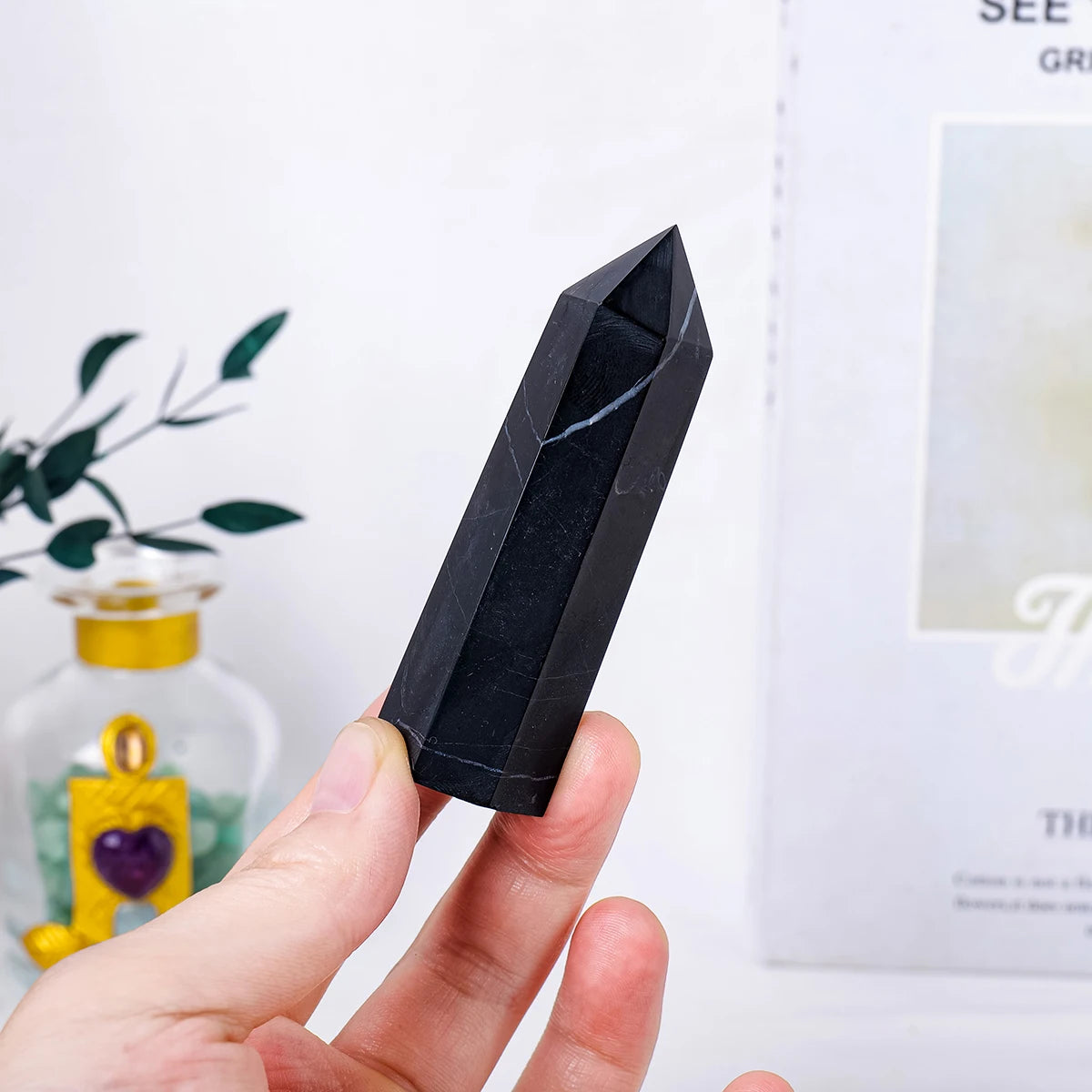 1pc Natural Healing Shungite Crystal Wand Faceted Single Point Crystal Prism Stones for Meditation Reiki