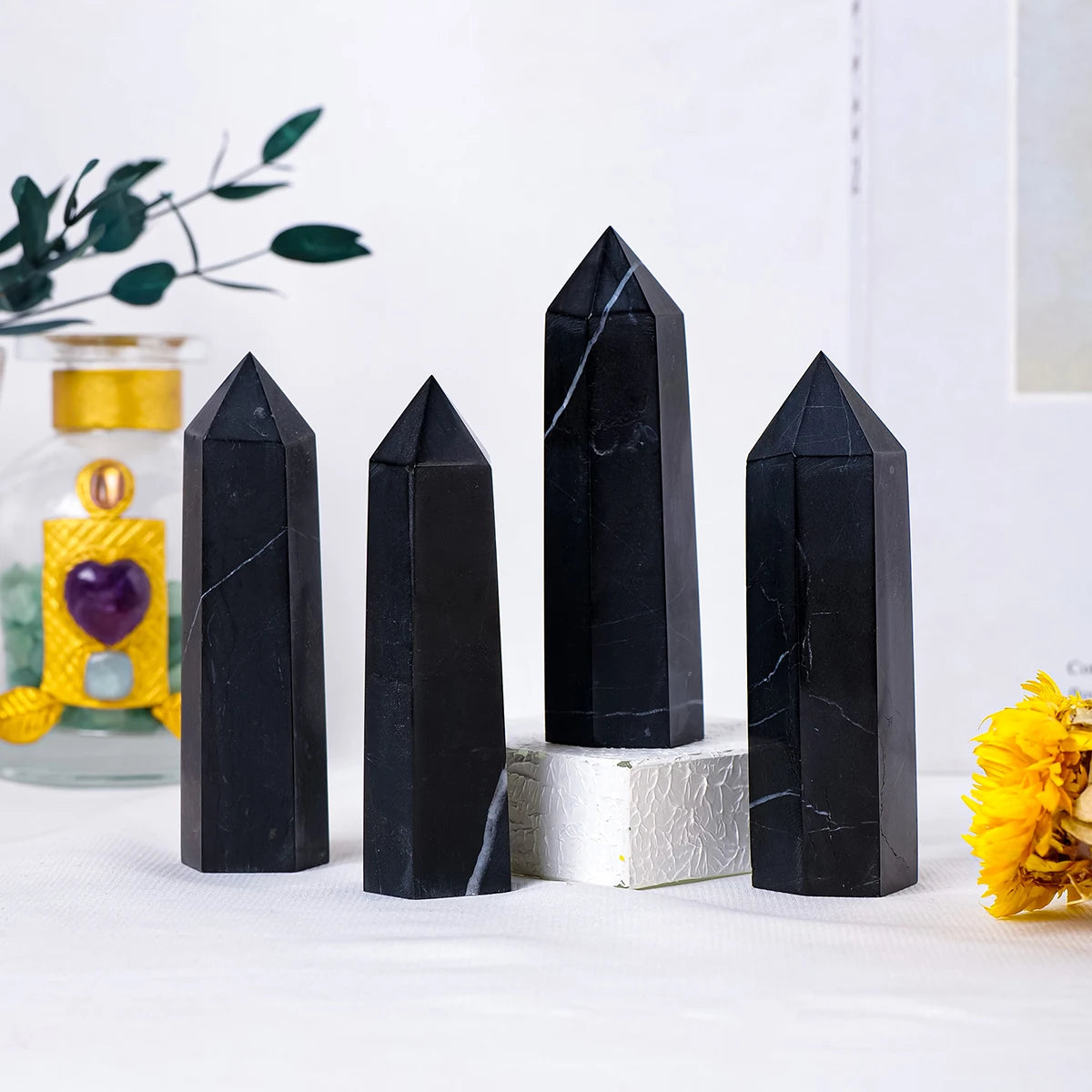 1pc Natural Healing Shungite Crystal Wand Faceted Single Point Crystal Prism Stones for Meditation Reiki