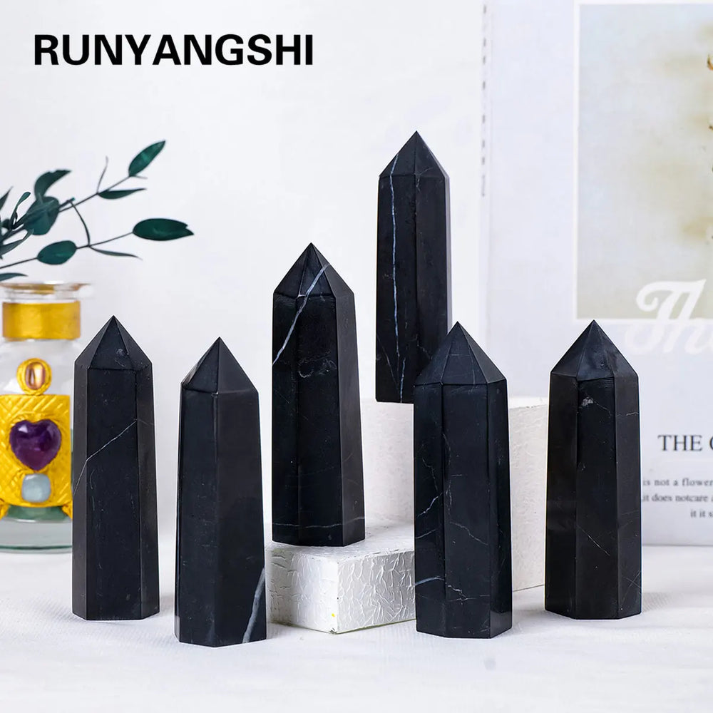 1pc Natural Healing Shungite Crystal Wand Faceted Single Point Crystal Prism Stones for Meditation Reiki