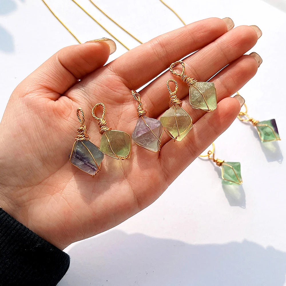 1pc Natural Healing Stone Green Fluorite Octahedral Pendant Handmade Gold Winding Necklace Energy Crystal Jewelry