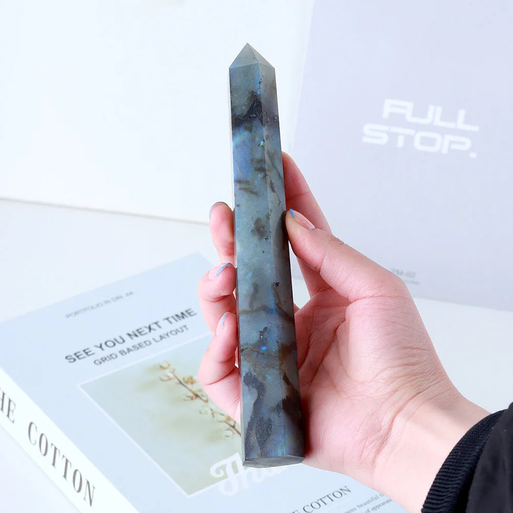 1pc Natural Labradorite Crystal Point Crystal Column Hand Polished Hexagon For Home Furnishing Decoration