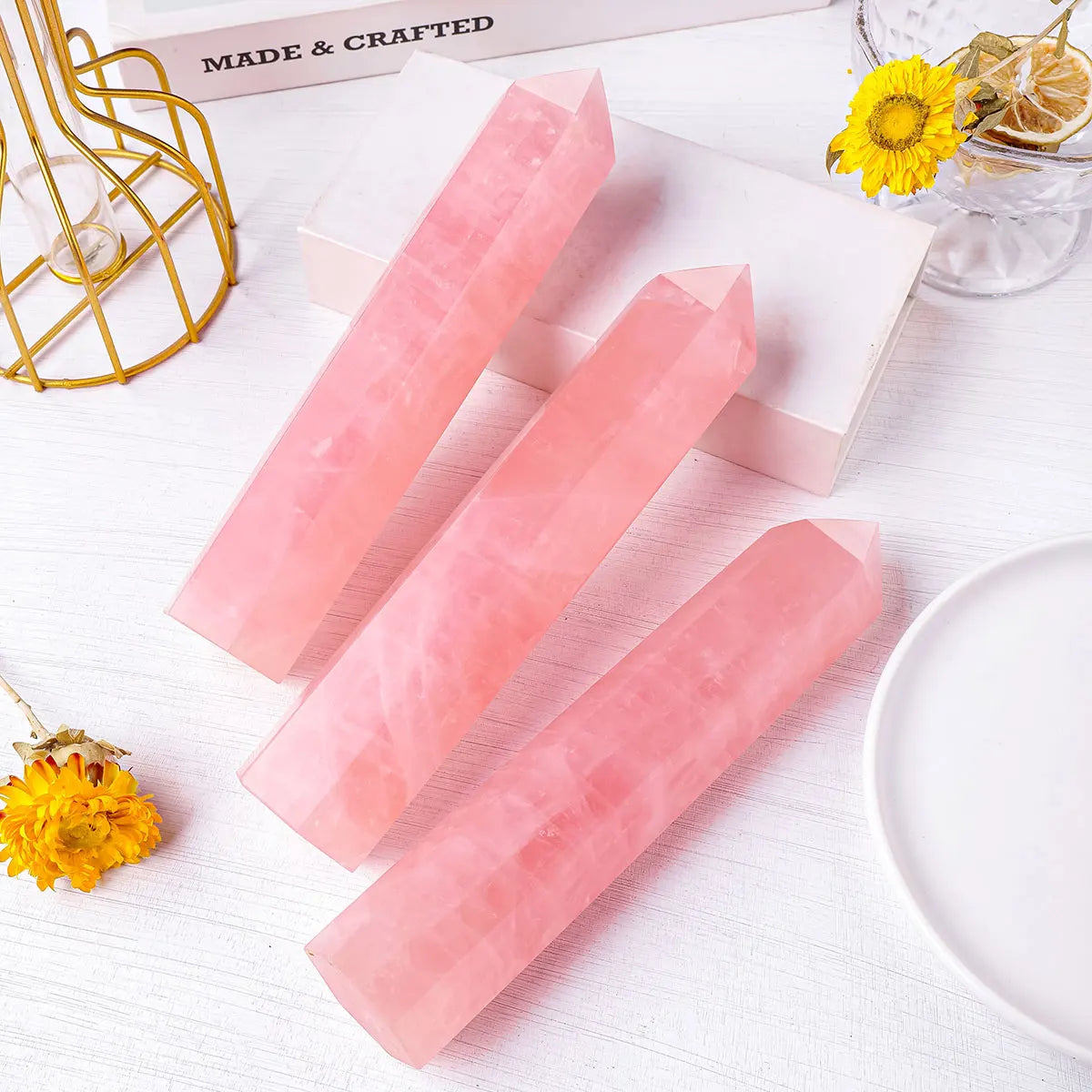 1pc Natural Rose Quartz Crystal Point Pink Crystal Wand Hand polished Hexagon for Home Furnishing decoration