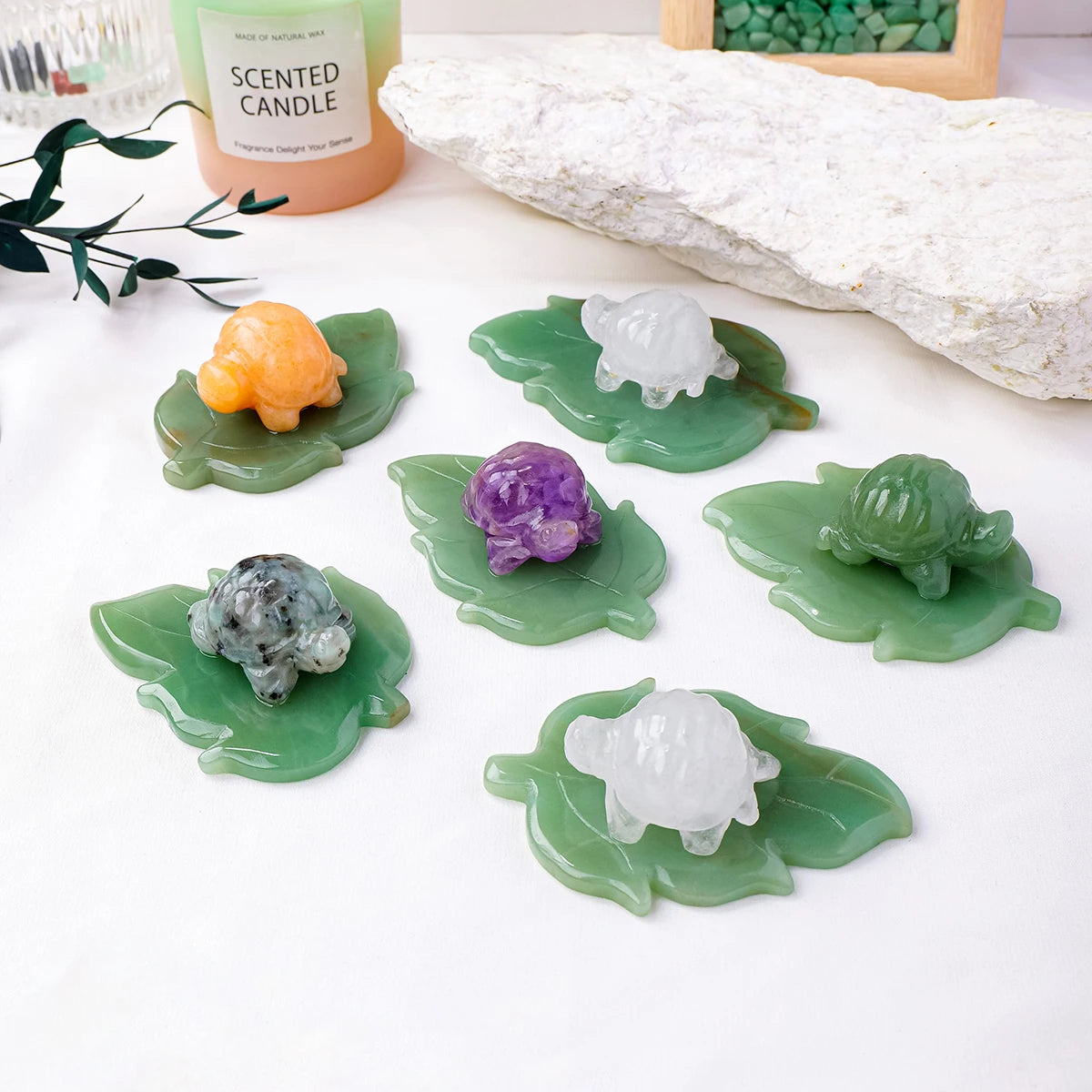 1pc Natural Stone Healing Gemstone Cartoon Leaf Turtle Clear Quartz Animal Carving Home Decor Fish Tank Crafts