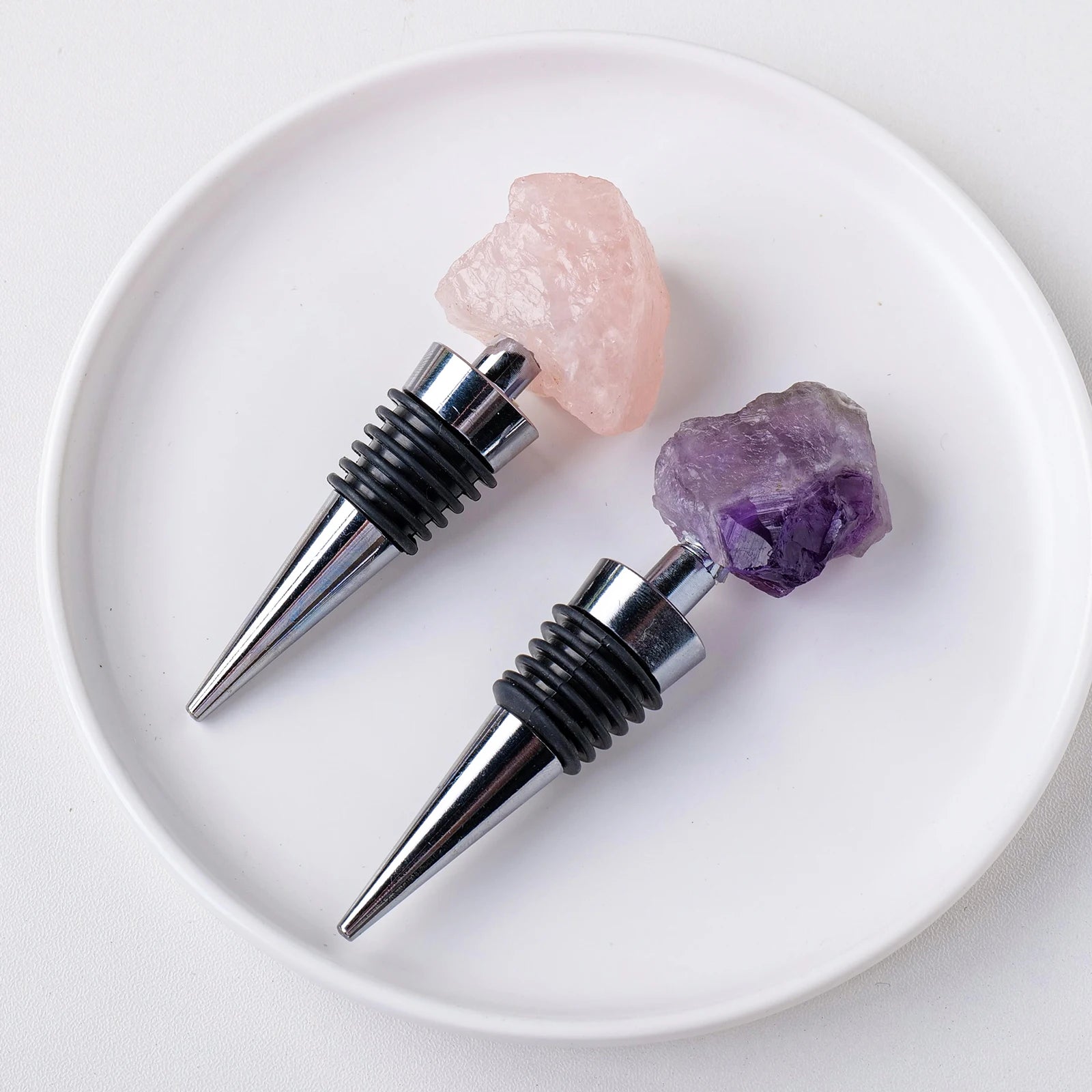 1pc Natural amethyst Rose Quartz Raw Stone Red Wine Stopper Handmade Champagne Bottle Stopper Original Stone Gift