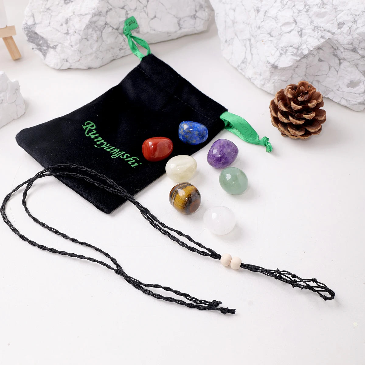 1set Natural Crystal Rolling Stone Net pocket pendant Healing Meditation Reiki 7 Chakra Yoga Stone Set Collection Gifts Necklace