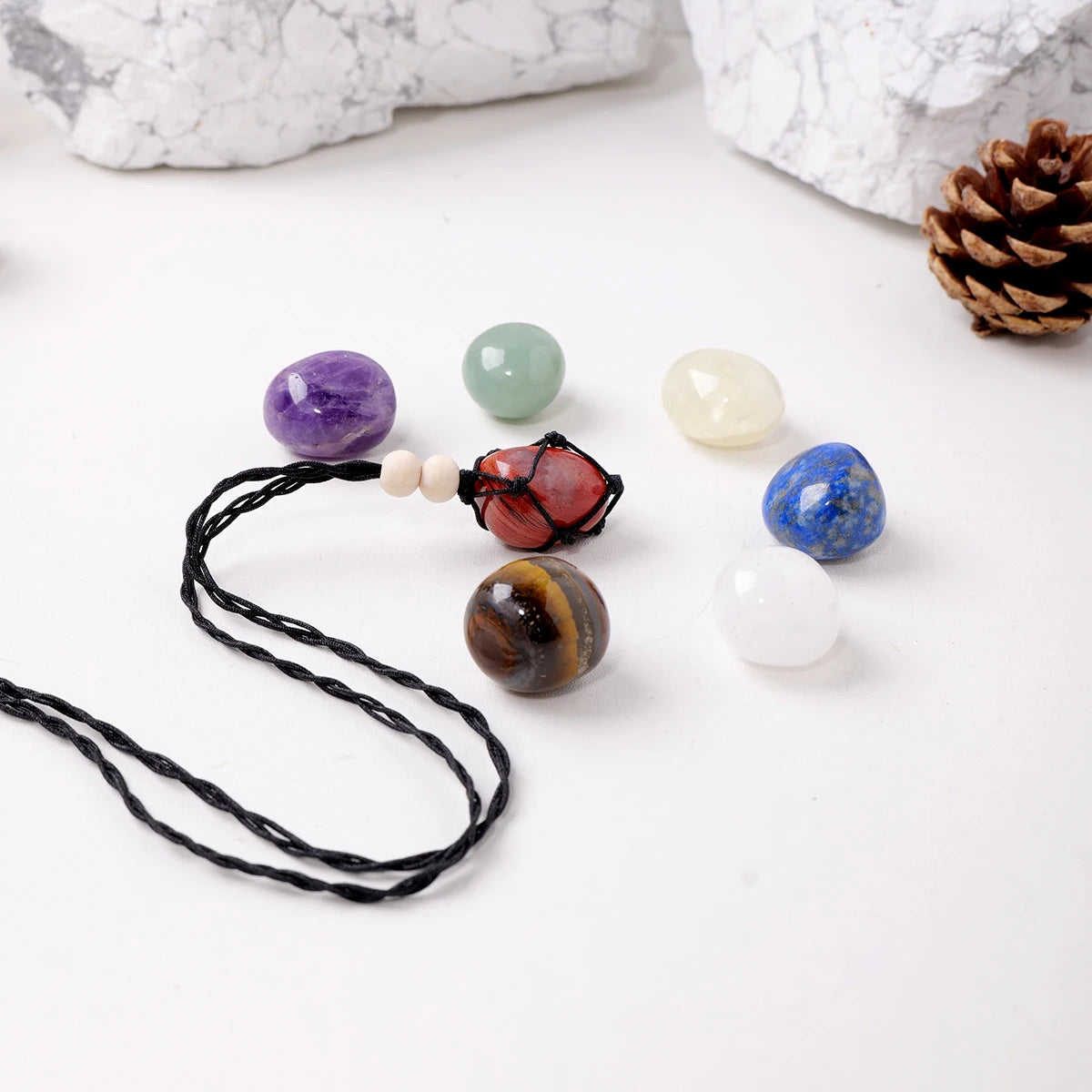 1set Natural Crystal Rolling Stone Net pocket pendant Healing Meditation Reiki 7 Chakra Yoga Stone Set Collection Gifts Necklace