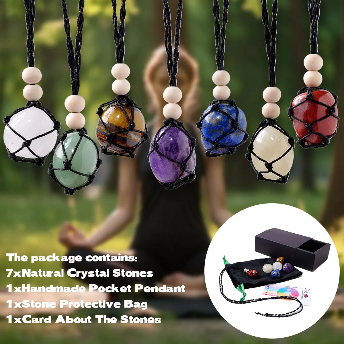 1set Natural Crystal Rolling Stone Net pocket pendant Healing Meditation Reiki 7 Chakra Yoga Stone Set Collection Gifts Necklace