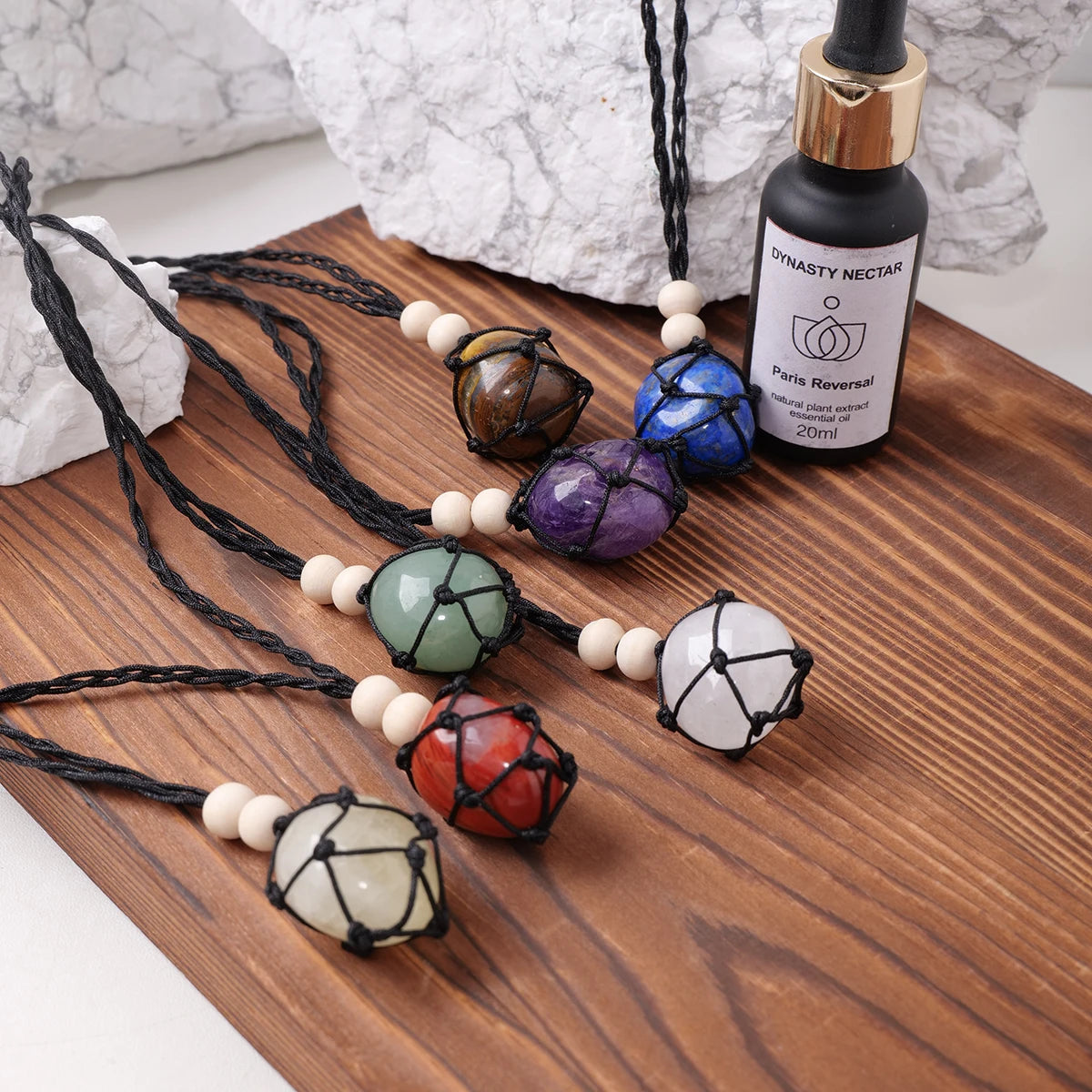 1set Natural Crystal Rolling Stone Net pocket pendant Healing Meditation Reiki 7 Chakra Yoga Stone Set Collection Gifts Necklace