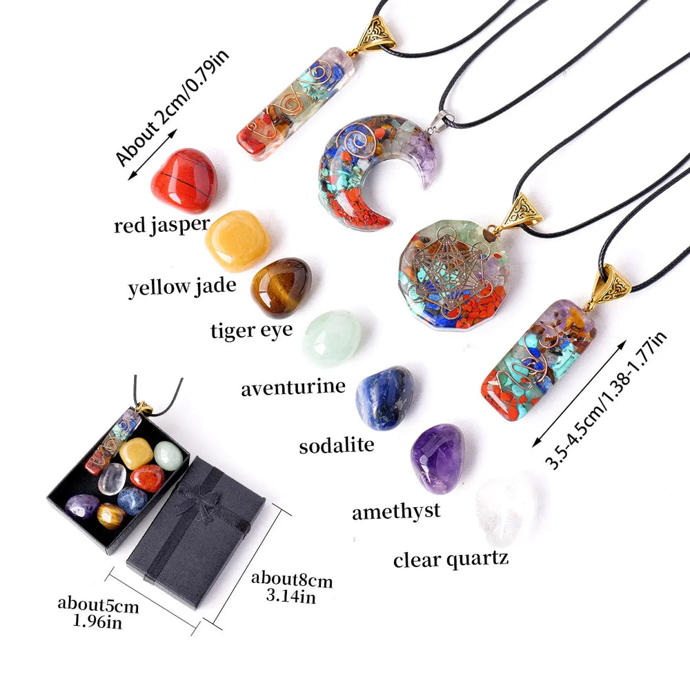 1set Natural Healing Gemstone Seven Chakra Rolling Stone Raw Stone Pendant Yoga Collection Reiki Crystal Crafts With Gifts Box