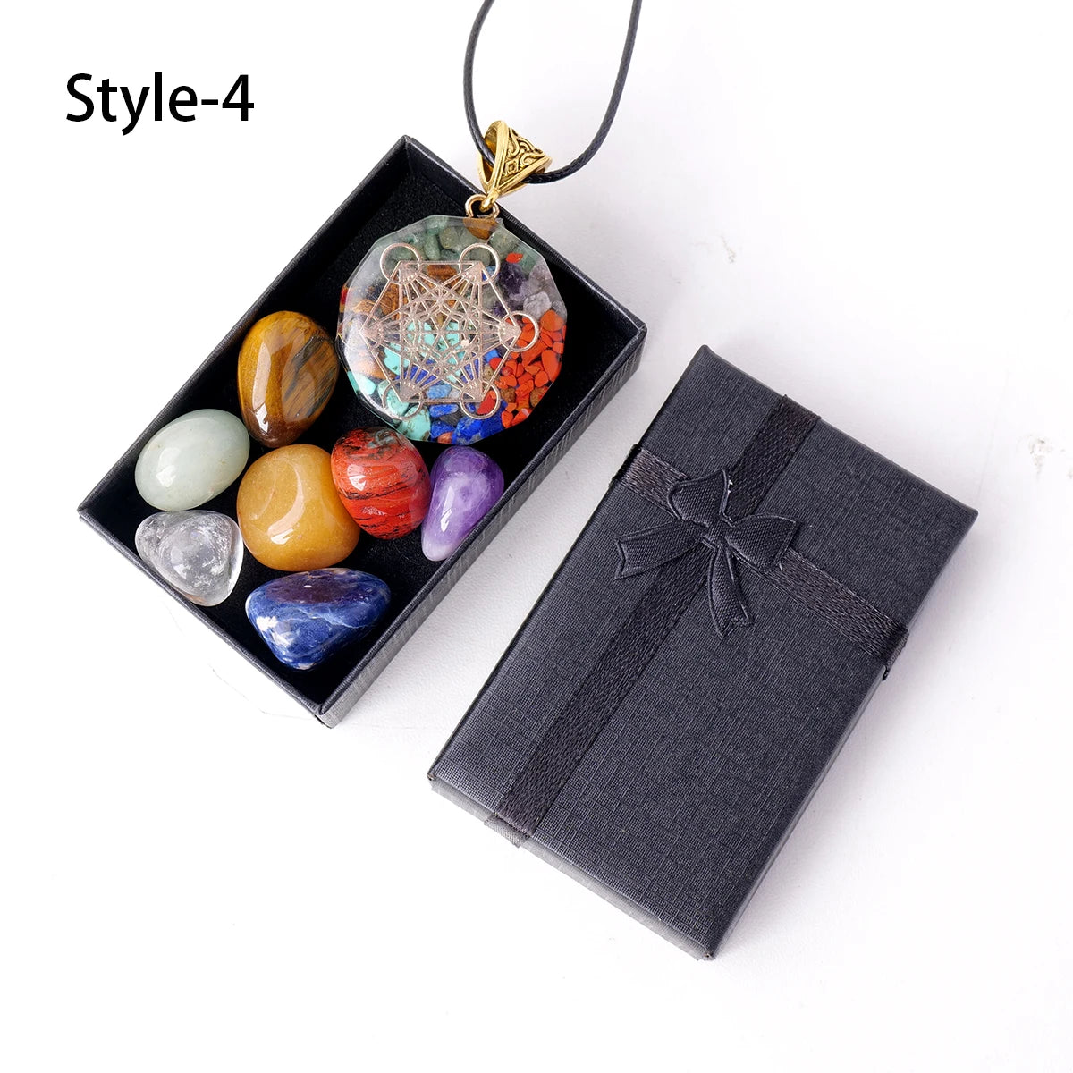 1set Natural Healing Gemstone Seven Chakra Rolling Stone Raw Stone Pendant Yoga Collection Reiki Crystal Crafts With Gifts Box