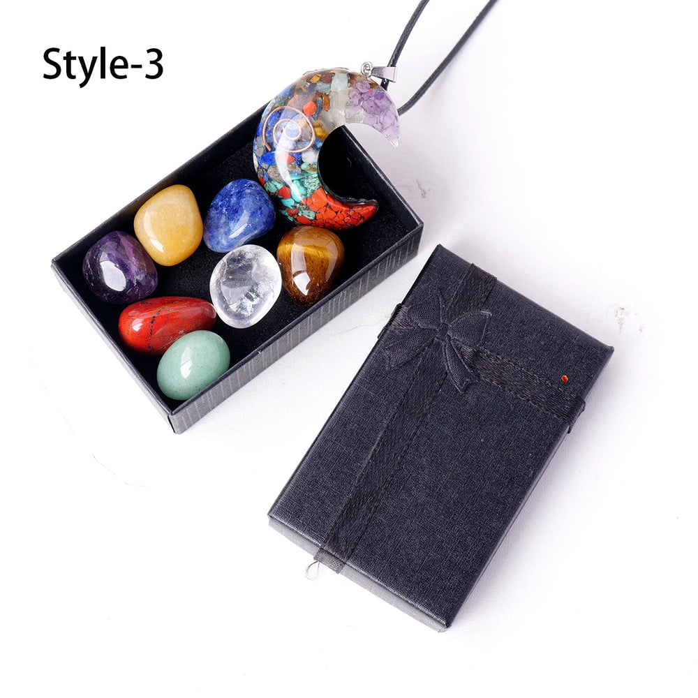 1set Natural Healing Gemstone Seven Chakra Rolling Stone Raw Stone Pendant Yoga Collection Reiki Crystal Crafts With Gifts Box