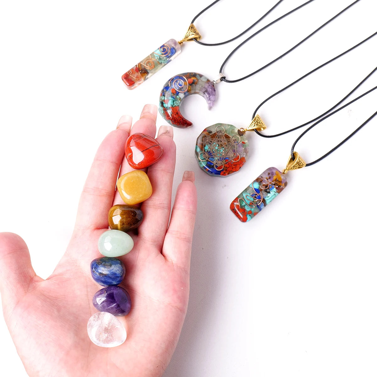 1set Natural Healing Gemstone Seven Chakra Rolling Stone Raw Stone Pendant Yoga Collection Reiki Crystal Crafts With Gifts Box