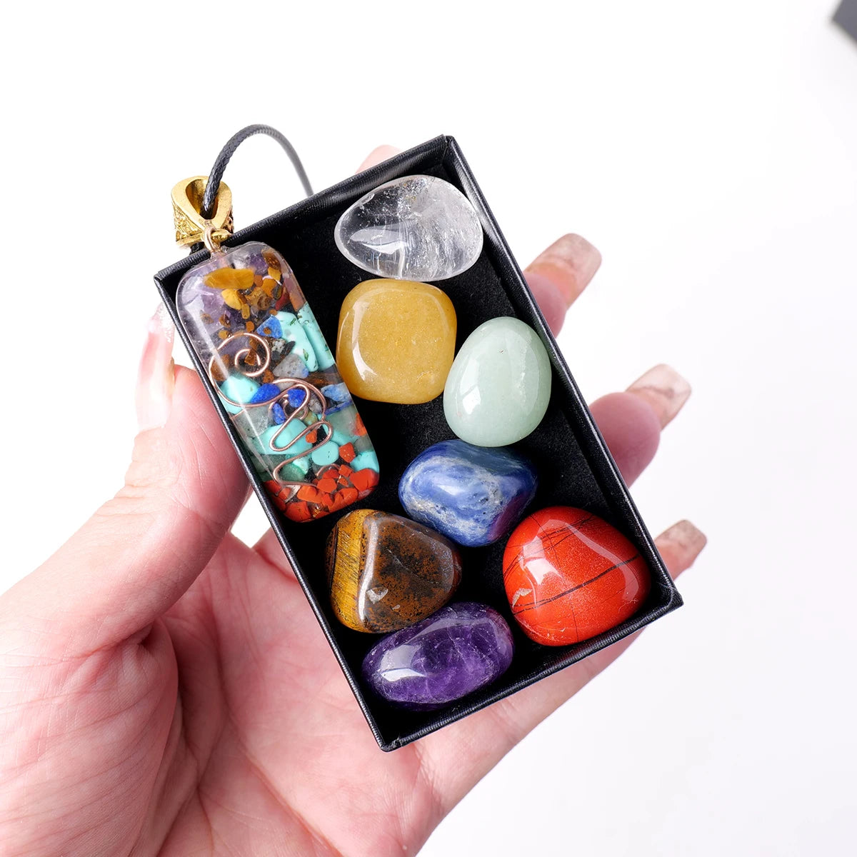 1set Natural Healing Gemstone Seven Chakra Rolling Stone Raw Stone Pendant Yoga Collection Reiki Crystal Crafts With Gifts Box