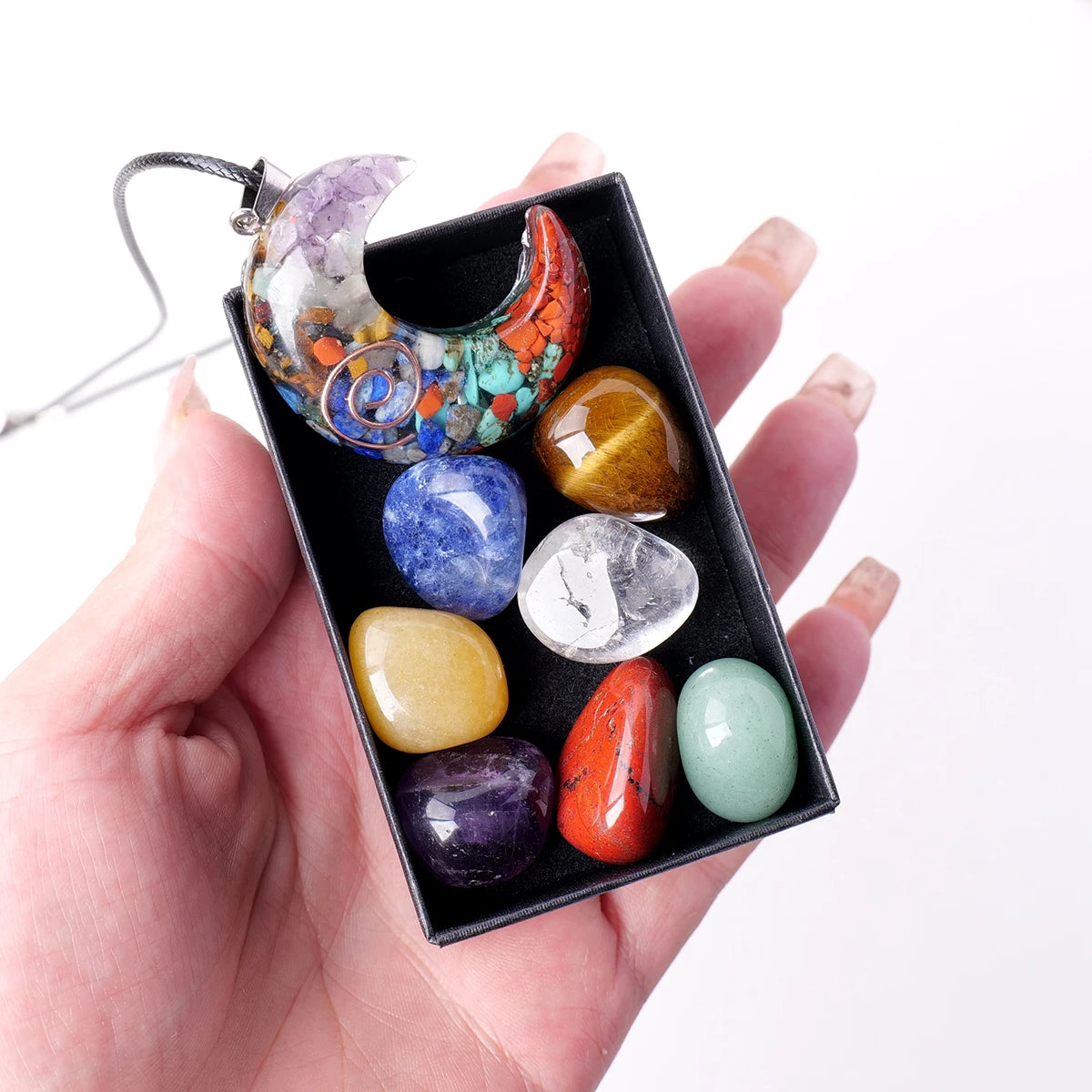 1set Natural Healing Gemstone Seven Chakra Rolling Stone Raw Stone Pendant Yoga Collection Reiki Crystal Crafts With Gifts Box