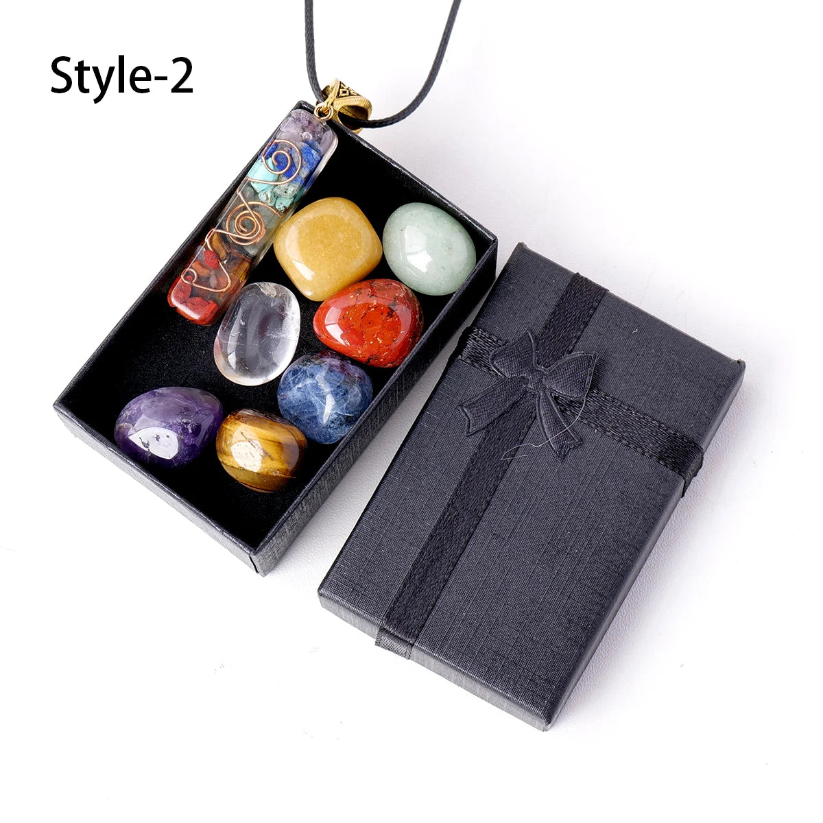 1set Natural Healing Gemstone Seven Chakra Rolling Stone Raw Stone Pendant Yoga Collection Reiki Crystal Crafts With Gifts Box