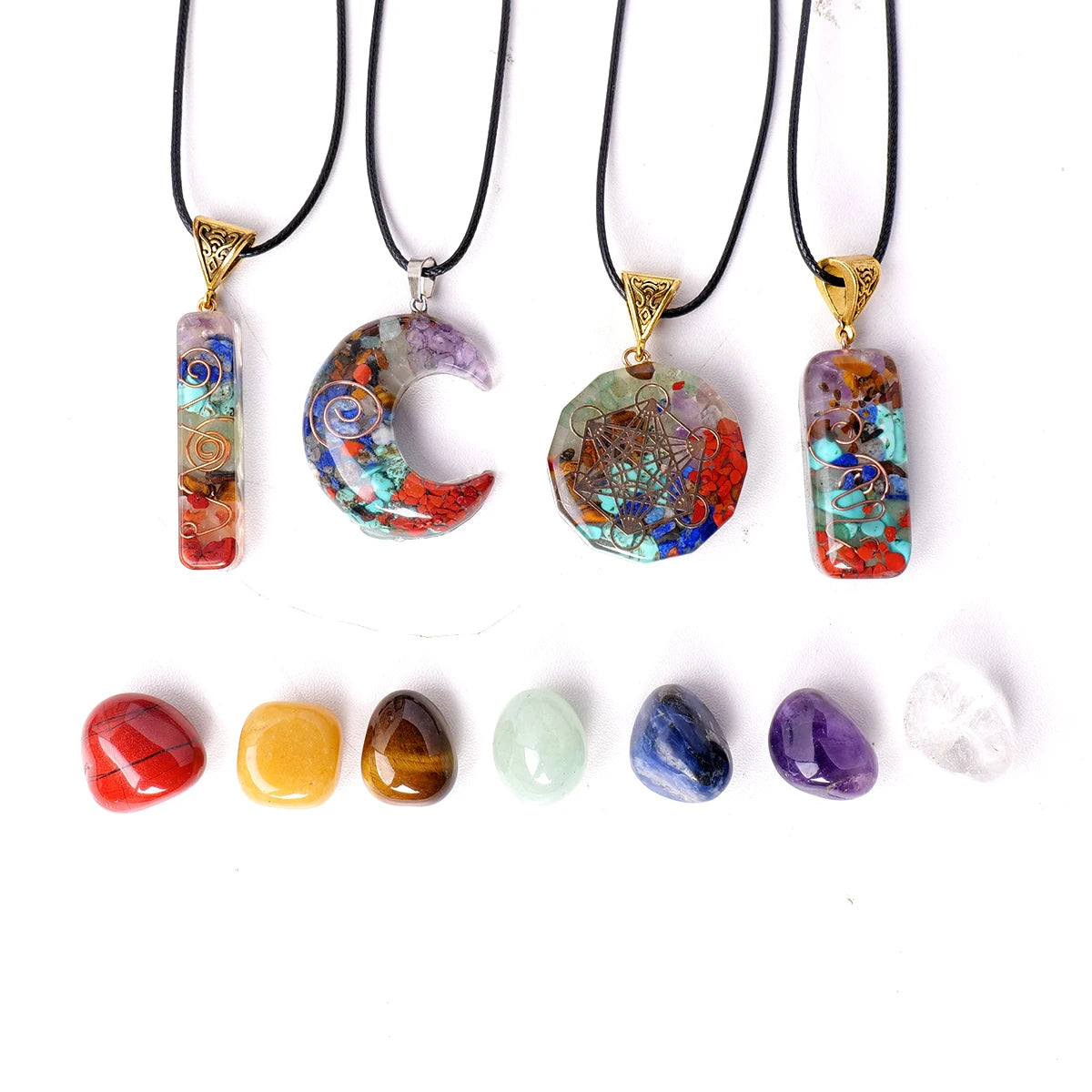 1set Natural Healing Gemstone Seven Chakra Rolling Stone Raw Stone Pendant Yoga Collection Reiki Crystal Crafts With Gifts Box