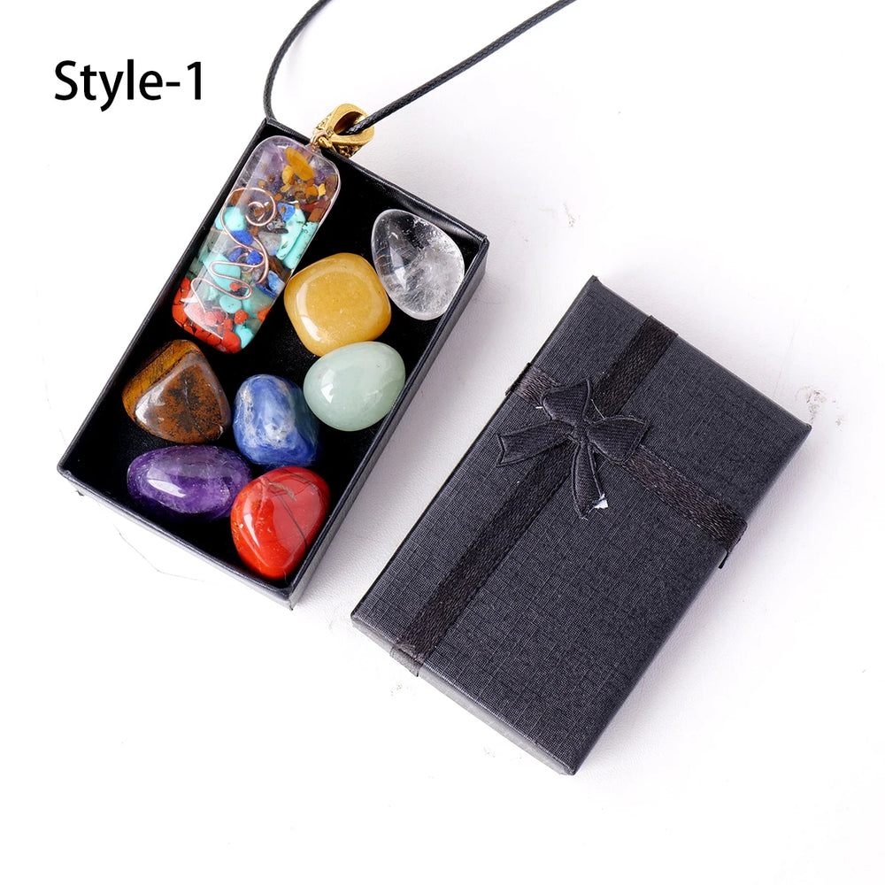 1set Natural Healing Gemstone Seven Chakra Rolling Stone Raw Stone Pendant Yoga Collection Reiki Crystal Crafts With Gifts Box