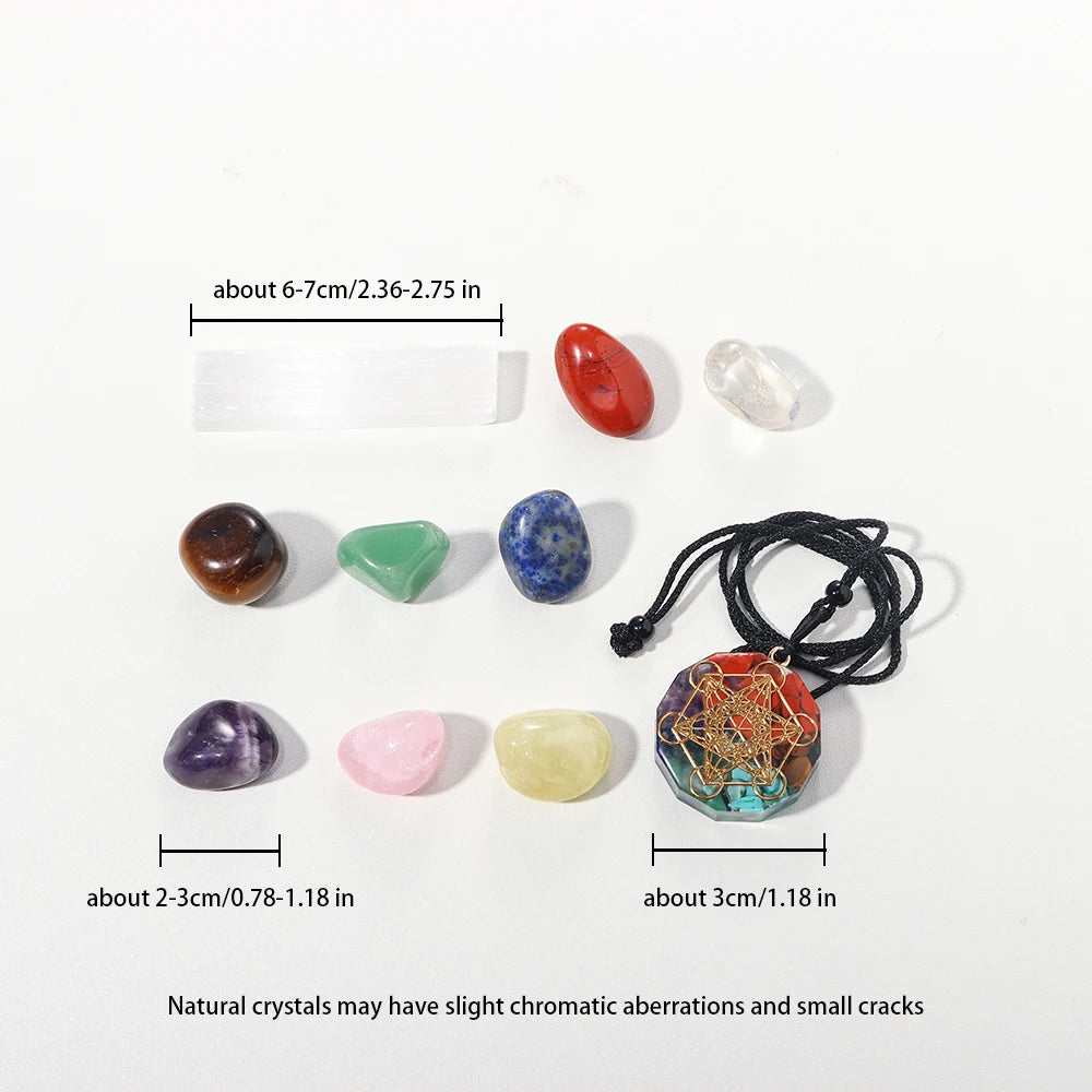 1set Natural Healing Gemstone White Selenite Seven Chakra Rolling Stone Raw Stone Pendant Yoga Gift Box