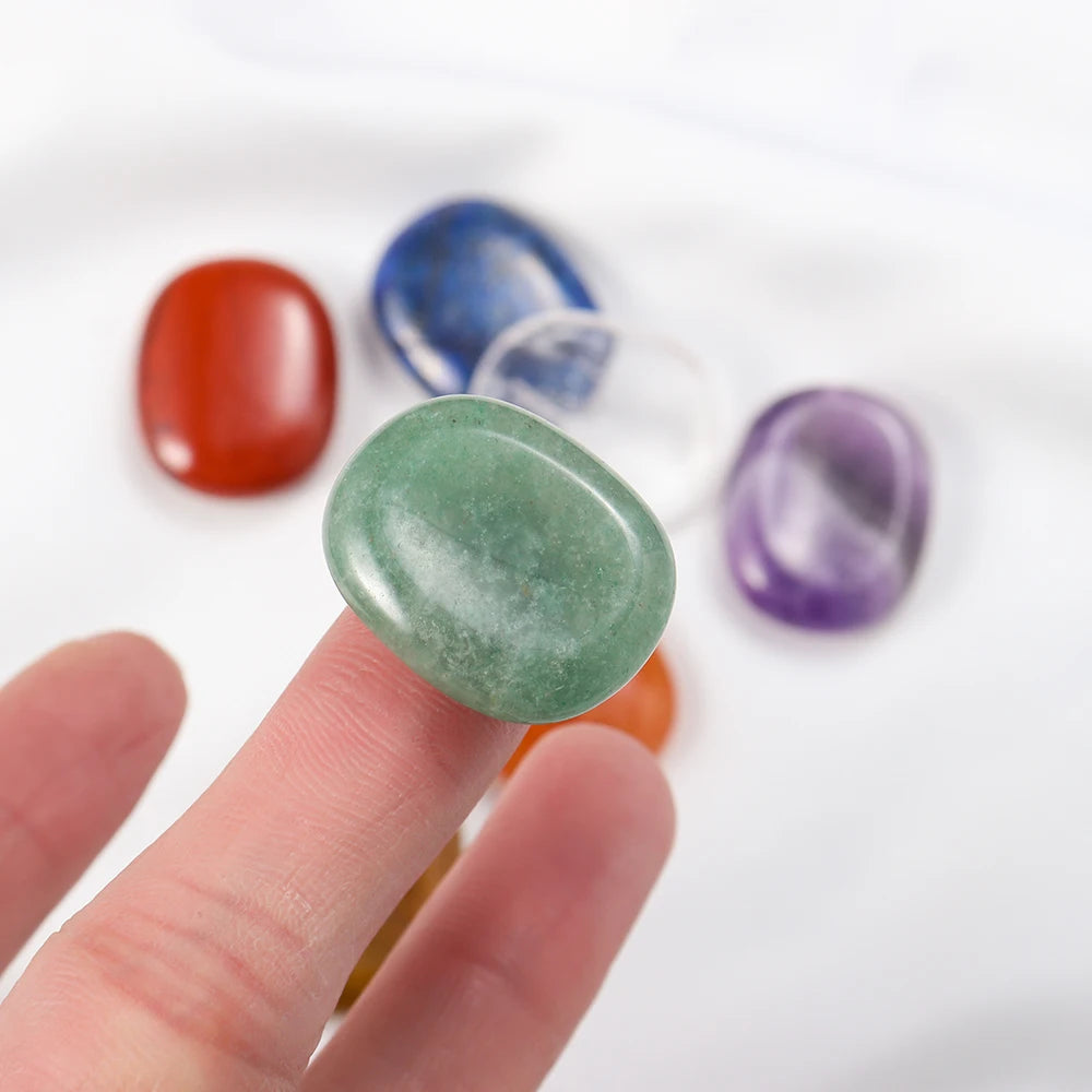 1set Natural Oval Worry Stone Seven Chakra Thumb Crystal Set Amethyst Rose Quartz Palm Gemstone For Anxiety Stress Relieve