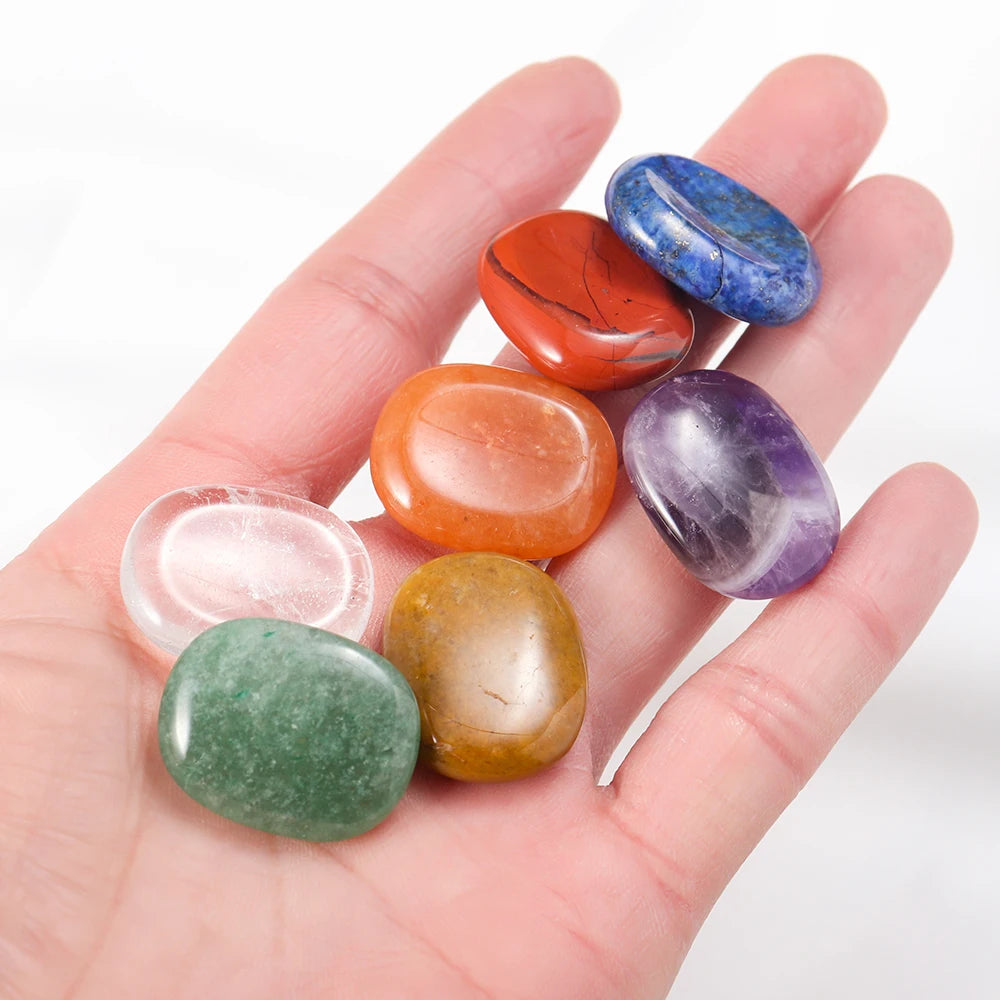 1set Natural Oval Worry Stone Seven Chakra Thumb Crystal Set Amethyst Rose Quartz Palm Gemstone For Anxiety Stress Relieve