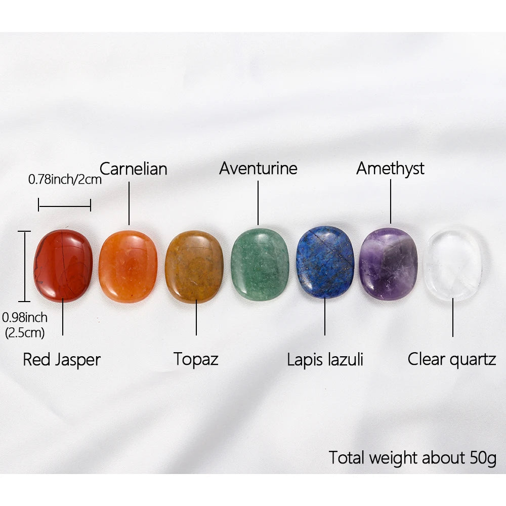 1set Natural Oval Worry Stone Seven Chakra Thumb Crystal Set Amethyst Rose Quartz Palm Gemstone For Anxiety Stress Relieve