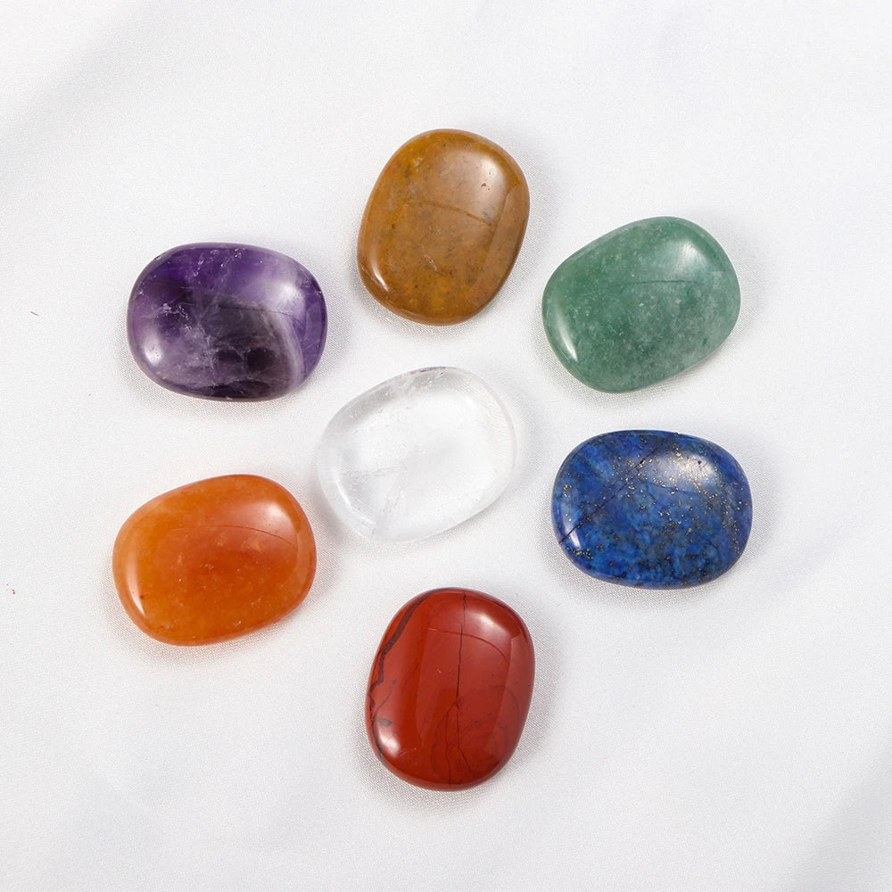 1set Natural Oval Worry Stone Seven Chakra Thumb Crystal Set Amethyst Rose Quartz Palm Gemstone For Anxiety Stress Relieve