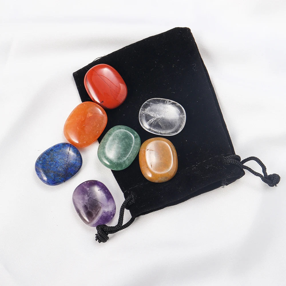 1set Natural Oval Worry Stone Seven Chakra Thumb Crystal Set Amethyst Rose Quartz Palm Gemstone For Anxiety Stress Relieve