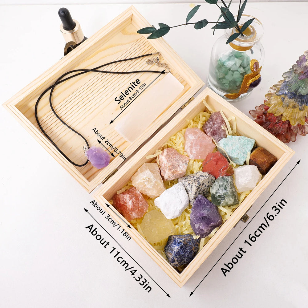 1set Wooden box gift Crystal raw stone Natural amethyst Pendant Selenite points quartz wand pillar Home Decor Collection