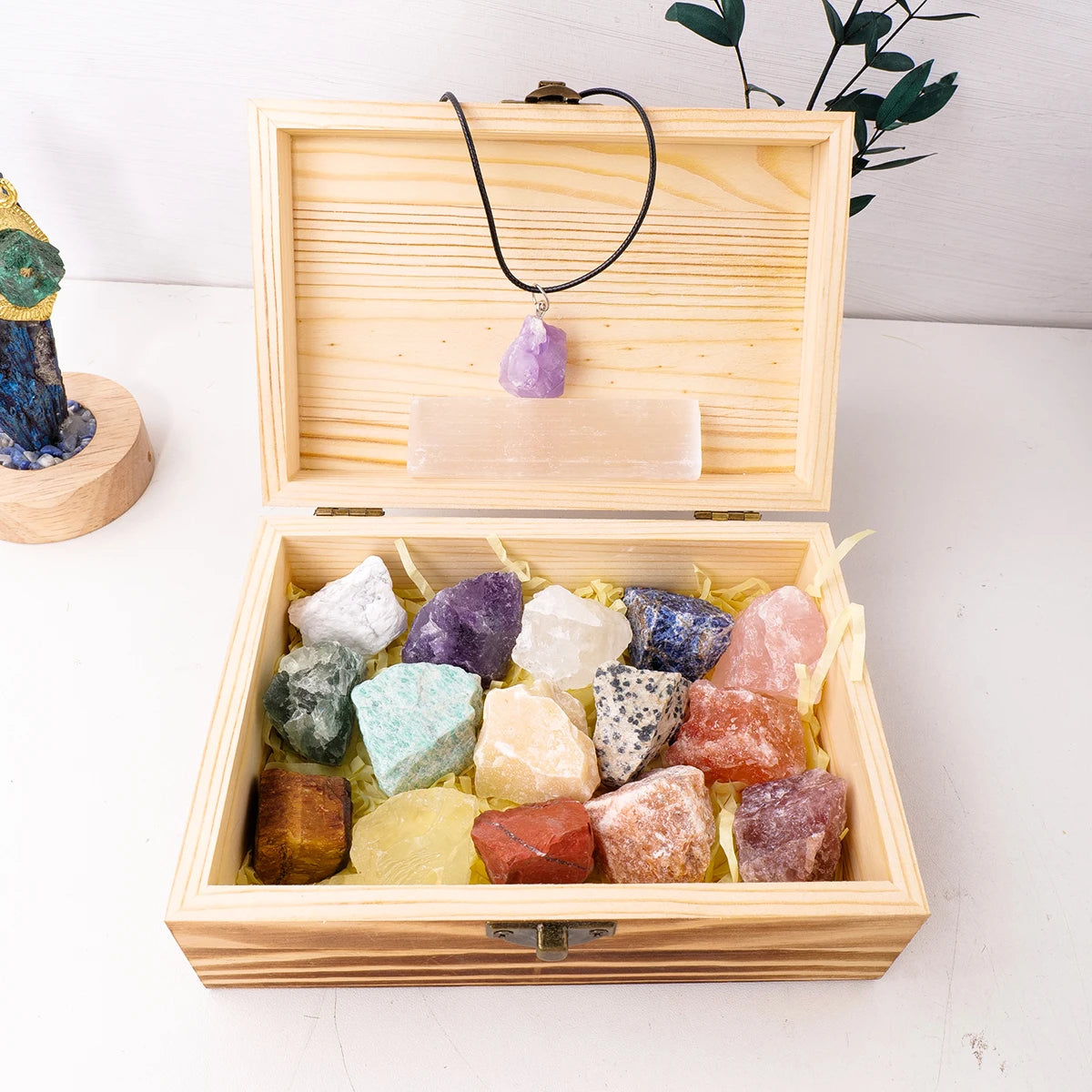 1set Wooden box gift Crystal raw stone Natural amethyst Pendant Selenite points quartz wand pillar Home Decor Collection