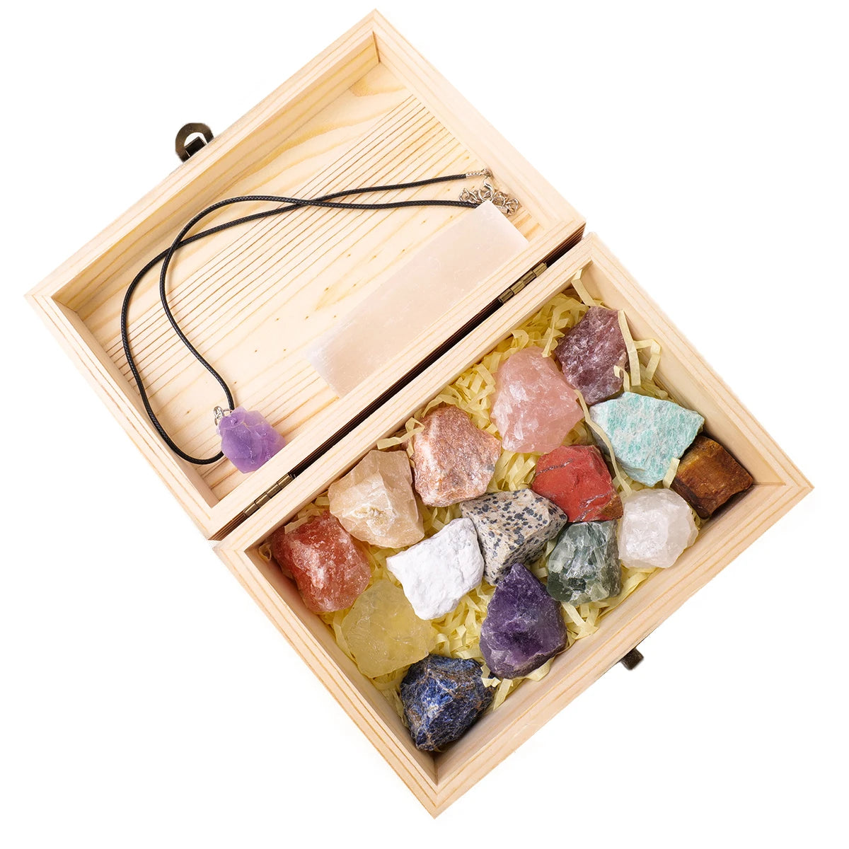 1set Wooden box gift Crystal raw stone Natural amethyst Pendant Selenite points quartz wand pillar Home Decor Collection