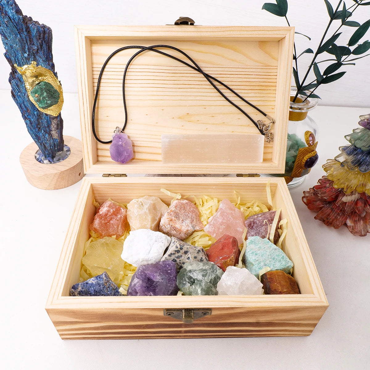 1set Wooden box gift Crystal raw stone Natural amethyst Pendant Selenite points quartz wand pillar Home Decor Collection