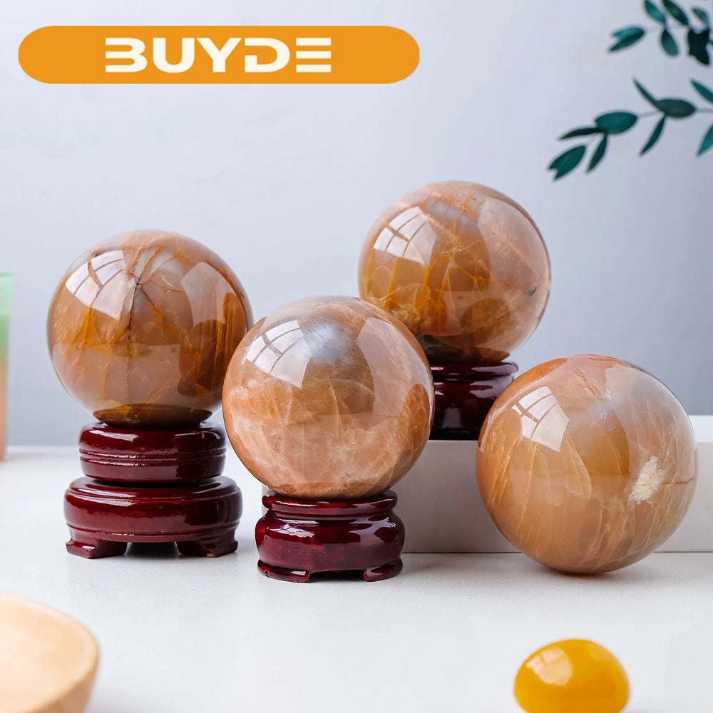 1PC Natural Crystal Orange Moonstone Ball Healing Crystals Sphere with Decorative Wooden Stand Fengshui Ornaments