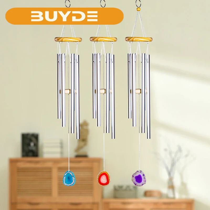 1pc Natural Crystal Slab Color Agate Thumb Wind Chime Metal Dark Silver Hollow Music  Aeolian Bells Outdoor window decoration