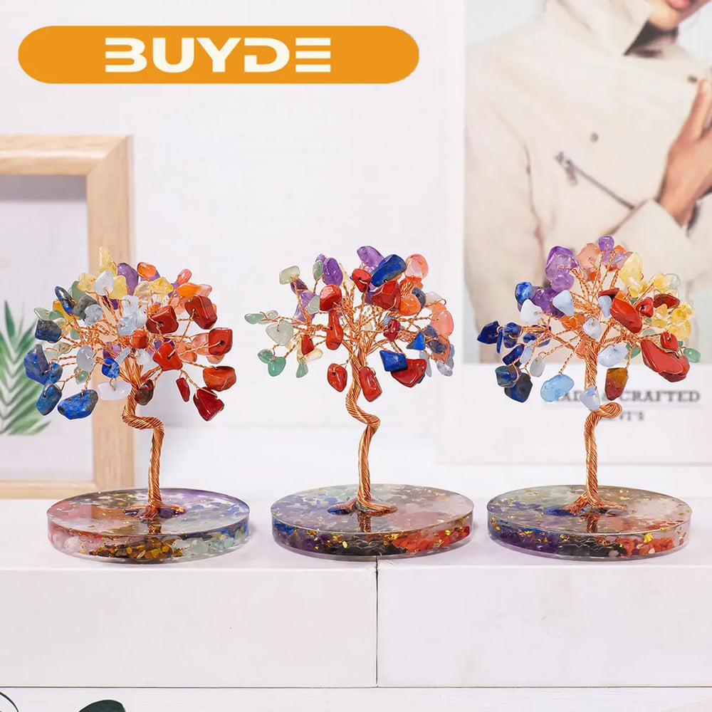 1PC Natural Crystal Lucky Tree Copper Wire Winding Colorful Gravel With Chips Base Home Decoration Money Trees