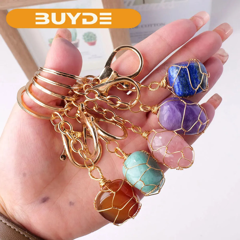 1PC Natural Gem Stone Keychains Clear Quartz Rolling Stones Amethyst Key Chain For DIY Car Key Rings Chains