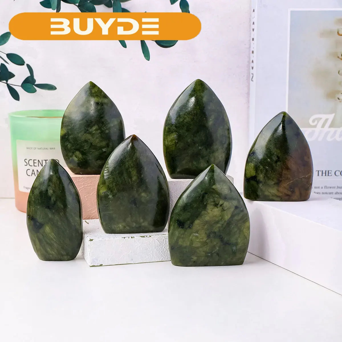 1pc Natural Stone Sculpture Green Jade Flame Shape Crafts Witchcraft Crystal Carving Energy Gem Summer home garden decor