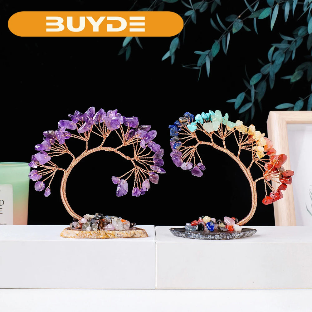 Natural Crystal Lucky Tree Copper Wire Winding Amethyst Gravel With Agate Slice Base Home Decoration Money Trees