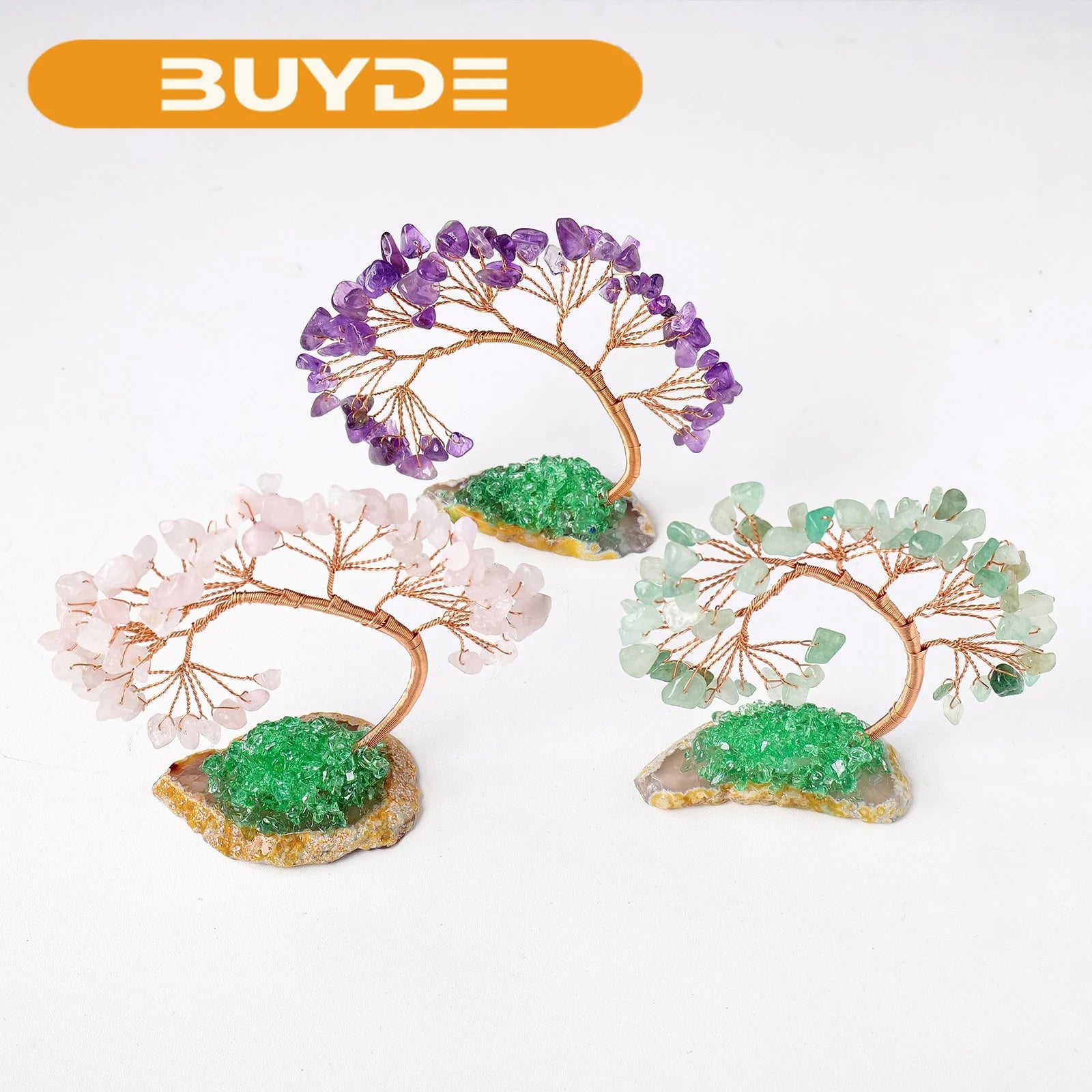 Natural Crystal Lucky Tree Copper Wire Winding Amethyst Gravel With Agate Slice Base Home Decoration Money Trees