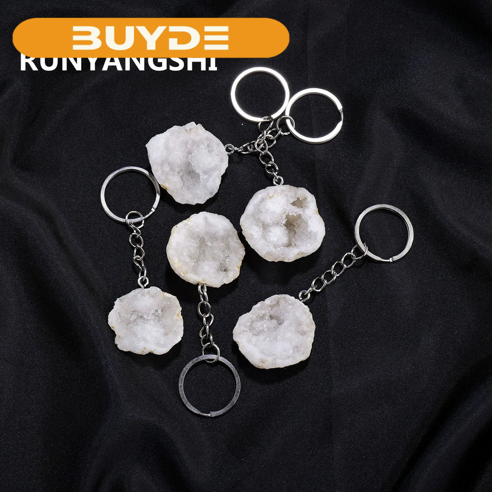 1PC Natural Gem Stone Keychains Clear Quartz Cluster White Agate Cave Key Chain For DIY Car Key Rings Chains