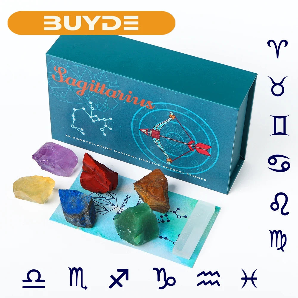 12 Constellation Guardian Gem Gift Box Natural Crystal Raw Stone Energy Amulet Wishing Quartz Constellation Divination