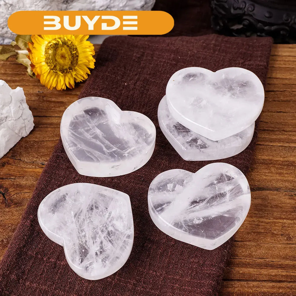 1pc Natural Stones Gem Carving Clear Quartz Plate Heart Crystal Bowl For Divination Reiki Healing Meditation Decoration