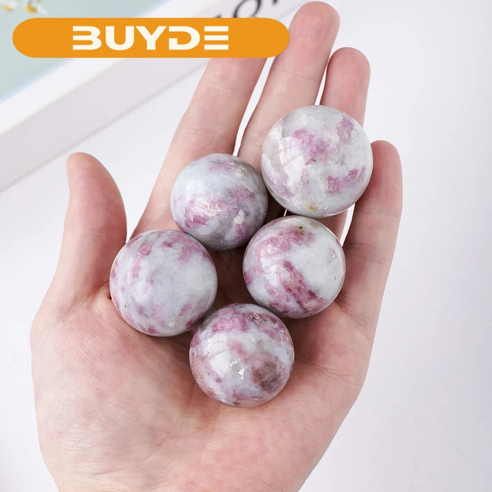 30MM 1PC Natural Healing Stone Pink Plum Blossom Tourmaline Crystal Ball Desktop Ornaments Crystal Crafts Gifts