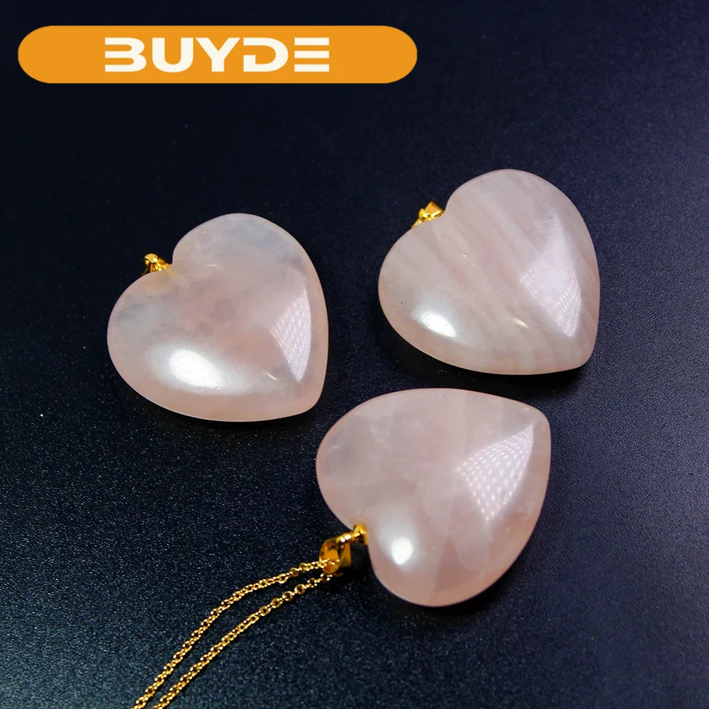 Buyde 1 pc   Natural Rose Quartzs GemStone Bead pink crystal Heart Gold Plated Reiki  stone Chakra Pendant Necklace