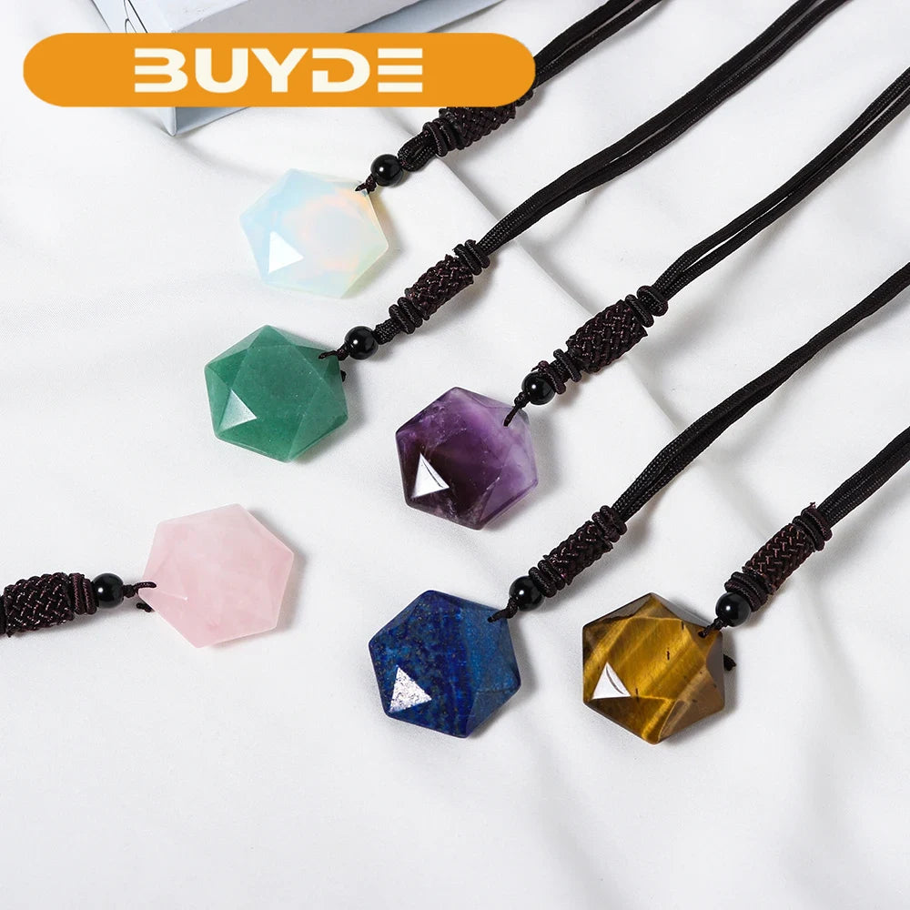 Natural crystal six pointed star Gem handicraft Pendant Necklace Amethyst Healing Crystal stone Jewelry gift